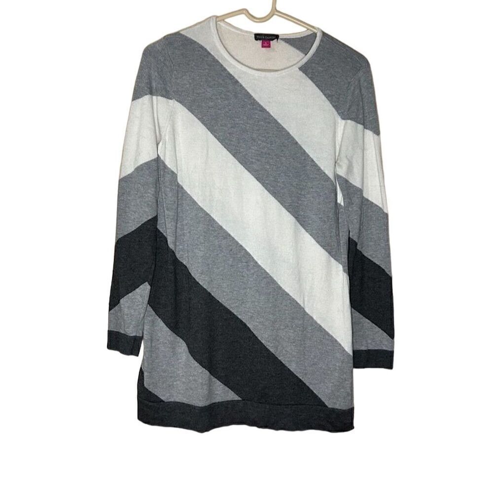 Vince Camuto Women's Small Gray Striped Pullover Sweater Long Sleeve Round Neck